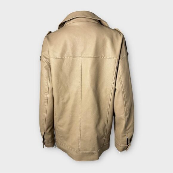 Missguided Moto Jacket Women’s XS Oversized Tan Faux Leather Biker Chic - Picture 2 of 11